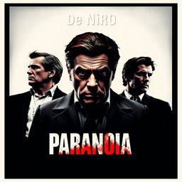 A captivating movie poster titled 'Paranoia', featuring Robert De Niro as the main actor centrally positioned with a commanding presence