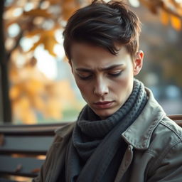 A close-up of a sad person sitting alone on a park bench, with a melancholic expression on their face