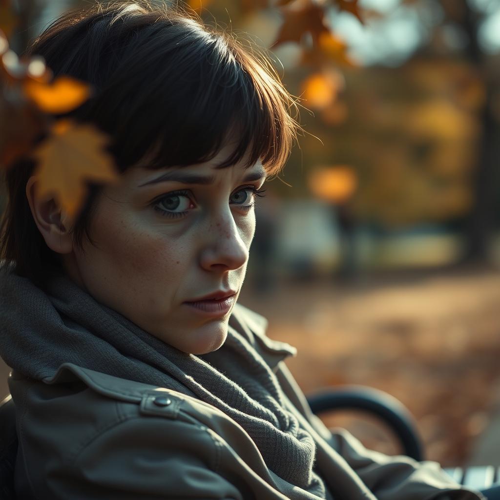 A close-up of a sad person sitting alone on a park bench, with a melancholic expression on their face