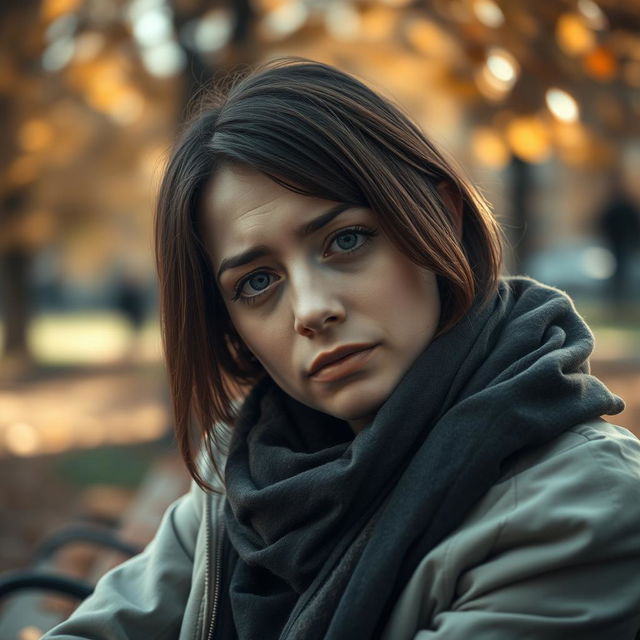 A close-up of a sad person sitting alone on a park bench, with a melancholic expression on their face