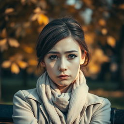 A close-up of a sad person sitting alone on a park bench, with a melancholic expression on their face