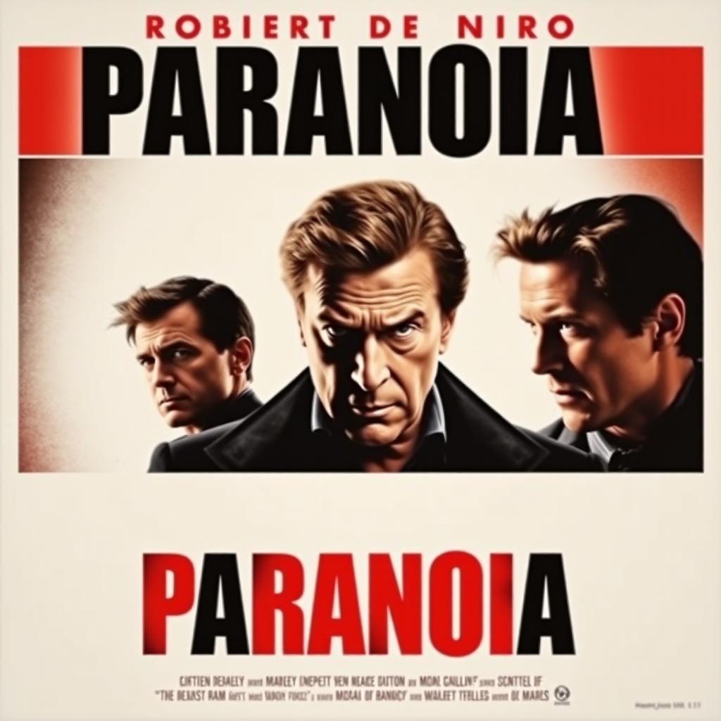 An intriguing movie poster titled 'Paranoia', showcasing Robert De Niro as the central character with a powerful and intense presence