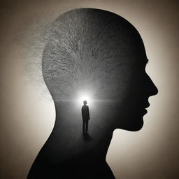 Visualize a concept of deep introspection and consciousness combined, perhaps represented by echoing human silhouettes getting smaller and deeper, symbolizing the layers of self-awareness