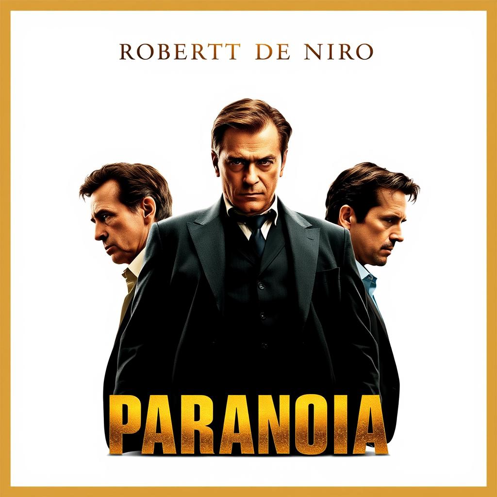 An eye-catching movie poster titled 'Paranoia', featuring Robert De Niro as the main actor in a powerful and commanding pose at the center