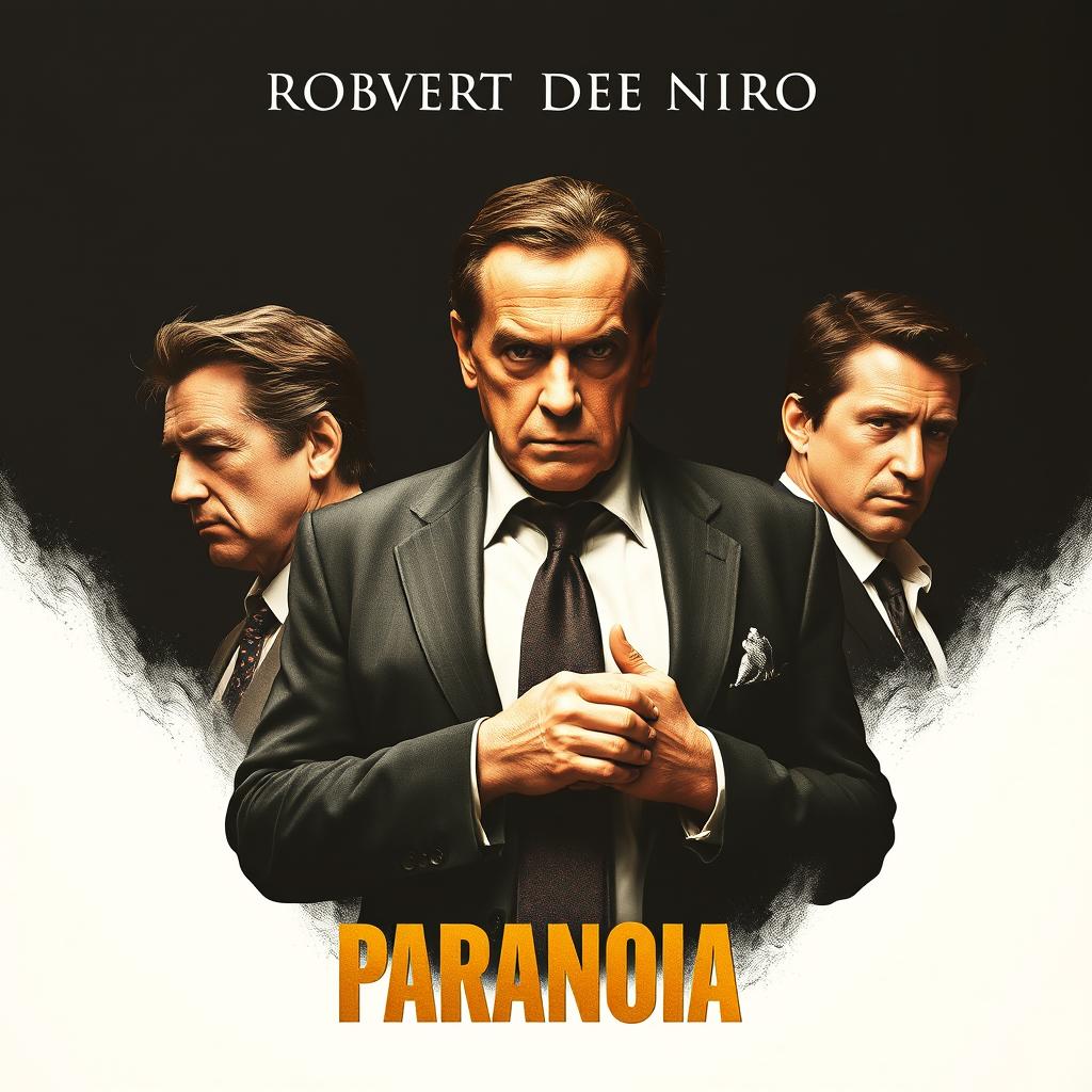 An eye-catching movie poster titled 'Paranoia', featuring Robert De Niro as the main actor in a powerful and commanding pose at the center