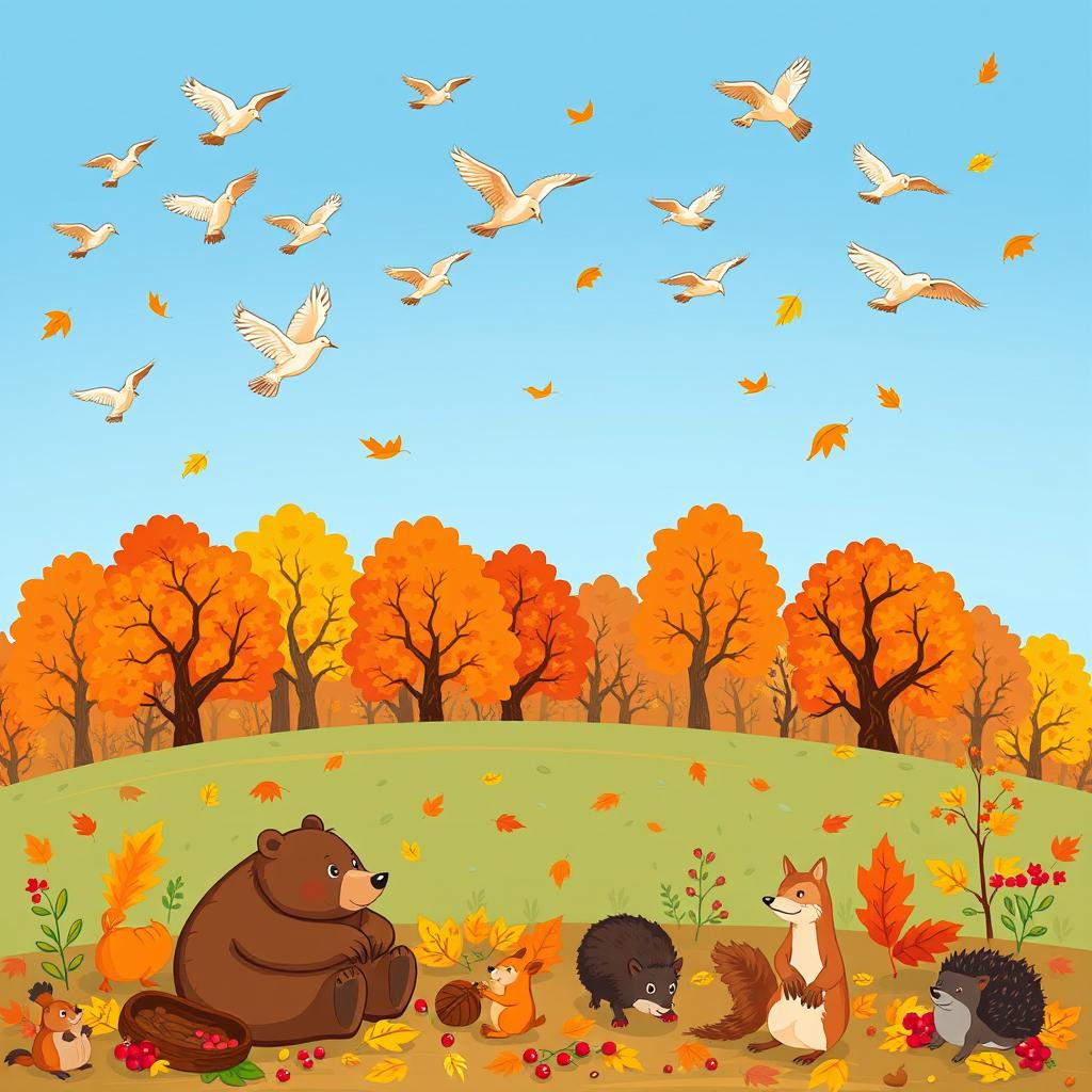 A lively cartoon scene depicting the beauty of autumn, featuring a flock of birds flying south across a bright blue sky, signaling the seasonal change