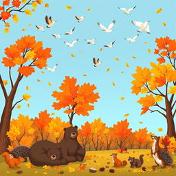 A lively cartoon scene depicting the beauty of autumn, featuring a flock of birds flying south across a bright blue sky, signaling the seasonal change