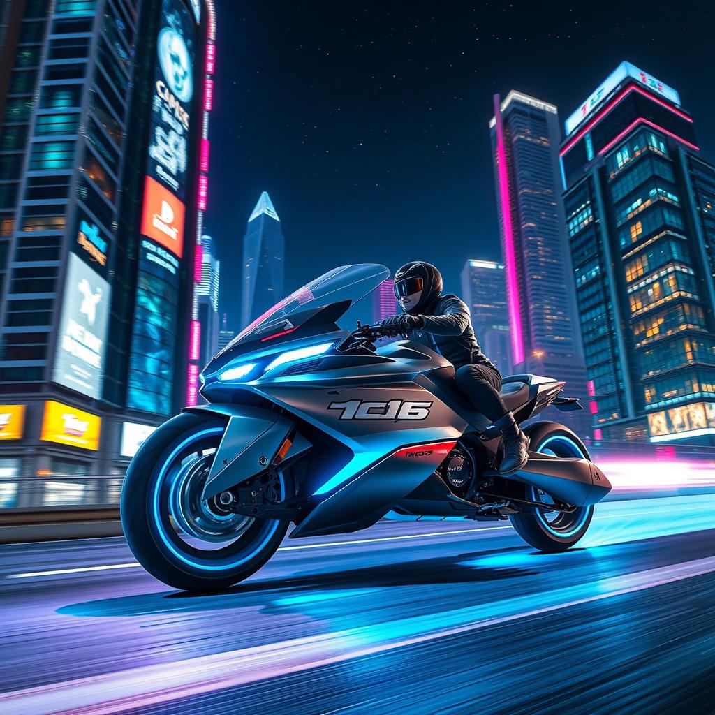 A sleek and stylish futuristic hover bike racing through a neon-lit cityscape at night