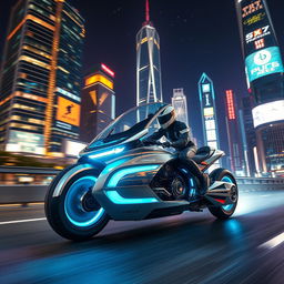 A sleek and stylish futuristic hover bike racing through a neon-lit cityscape at night