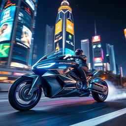 A sleek and stylish futuristic hover bike racing through a neon-lit cityscape at night