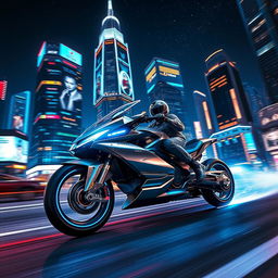 A sleek and stylish futuristic hover bike racing through a neon-lit cityscape at night