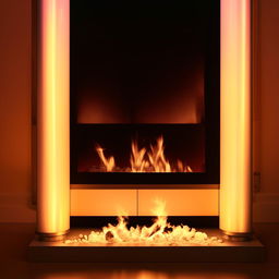 A modern, sleek fireplace adorned with small, stylish seats around it, with a warm, inviting glow illuminating the area.