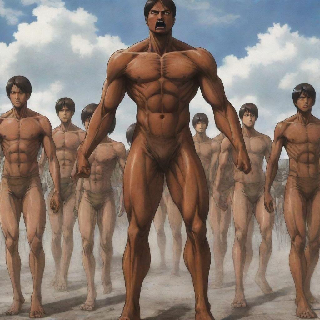 Illustrate a scenario from Attack on Titan where all the brown-skinned, 15-meter tall Titans are depicted without underwear, mimicking their original appearances in the anime, as they battle with the Survey Corps.