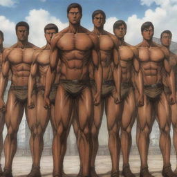 Illustrate a scenario from Attack on Titan where all the brown-skinned, 15-meter tall Titans are depicted without underwear, mimicking their original appearances in the anime, as they battle with the Survey Corps.