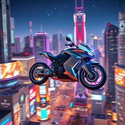 A sleek and stylish futuristic hover bike, completely wheel-less and tire-less, soaring smoothly above a vibrant, neon-lit cityscape at night