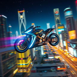 A sleek and stylish futuristic hover bike, completely wheel-less and tire-less, soaring smoothly above a vibrant, neon-lit cityscape at night