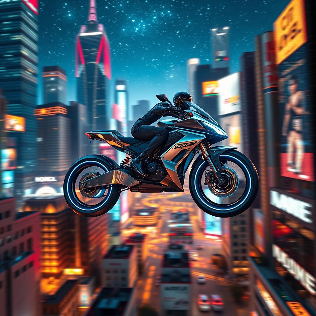 A sleek and stylish futuristic hover bike, completely wheel-less and tire-less, soaring smoothly above a vibrant, neon-lit cityscape at night