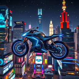 A sleek and stylish futuristic hover bike, completely wheel-less and tire-less, soaring smoothly above a vibrant, neon-lit cityscape at night