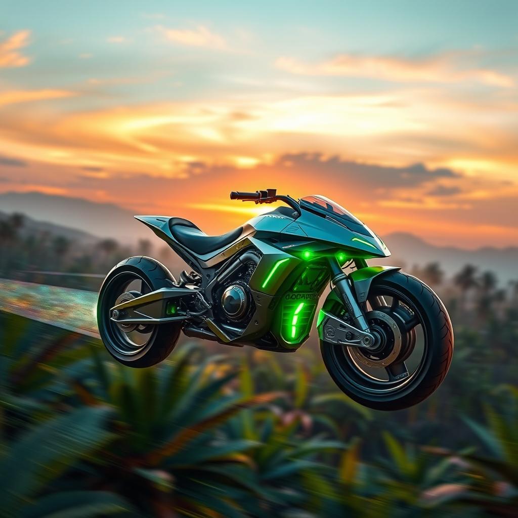 A dynamic futuristic hover bike, completely devoid of wheels and tires, inspired by the design of a Star Wars speeder bike, soaring through a vibrant and lush alien landscape