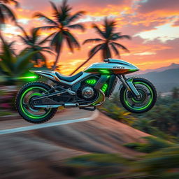 A dynamic futuristic hover bike, completely devoid of wheels and tires, inspired by the design of a Star Wars speeder bike, soaring through a vibrant and lush alien landscape