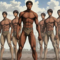 Illustrate a scenario from Attack on Titan where all the brown-skinned, 15-meter tall Titans are depicted without underwear, mimicking their original appearances in the anime, as they battle with the Survey Corps.