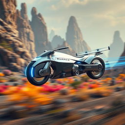 A futuristic hover bike that features a sleek, aerodynamic design with no wheels or tires, reminiscent of a Star Wars speeder bike