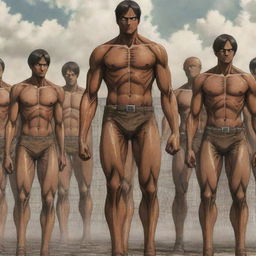 Illustrate a scenario from Attack on Titan where all the brown-skinned, 15-meter tall Titans are depicted without underwear, mimicking their original appearances in the anime, as they battle with the Survey Corps.