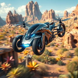 A futuristic hover bike that features a sleek, aerodynamic design with no wheels or tires, reminiscent of a Star Wars speeder bike