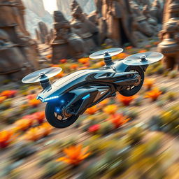 A futuristic hover bike that features a sleek, aerodynamic design with no wheels or tires, reminiscent of a Star Wars speeder bike