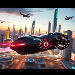 A futuristic concept of a hover bike designed without wheels or tires, closely resembling a sleek and agile speeder bike