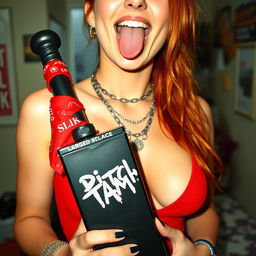 A close-up shot focusing on a sexy female redhead with a large chest, wearing a tank top adorned with punk chains