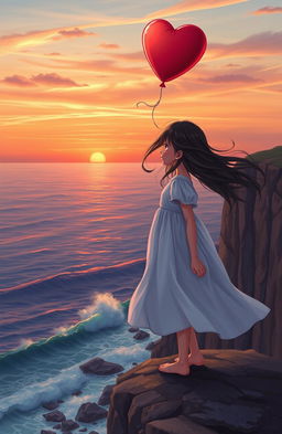 A poignant scene depicting a girl standing on a cliff's edge, overlooking a vast ocean at sunset, with tears in her eyes as she releases a heart-shaped balloon into the sky