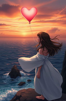 A poignant scene depicting a girl standing on a cliff's edge, overlooking a vast ocean at sunset, with tears in her eyes as she releases a heart-shaped balloon into the sky