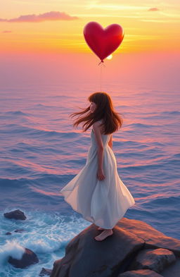 A poignant scene depicting a girl standing on a cliff's edge, overlooking a vast ocean at sunset, with tears in her eyes as she releases a heart-shaped balloon into the sky