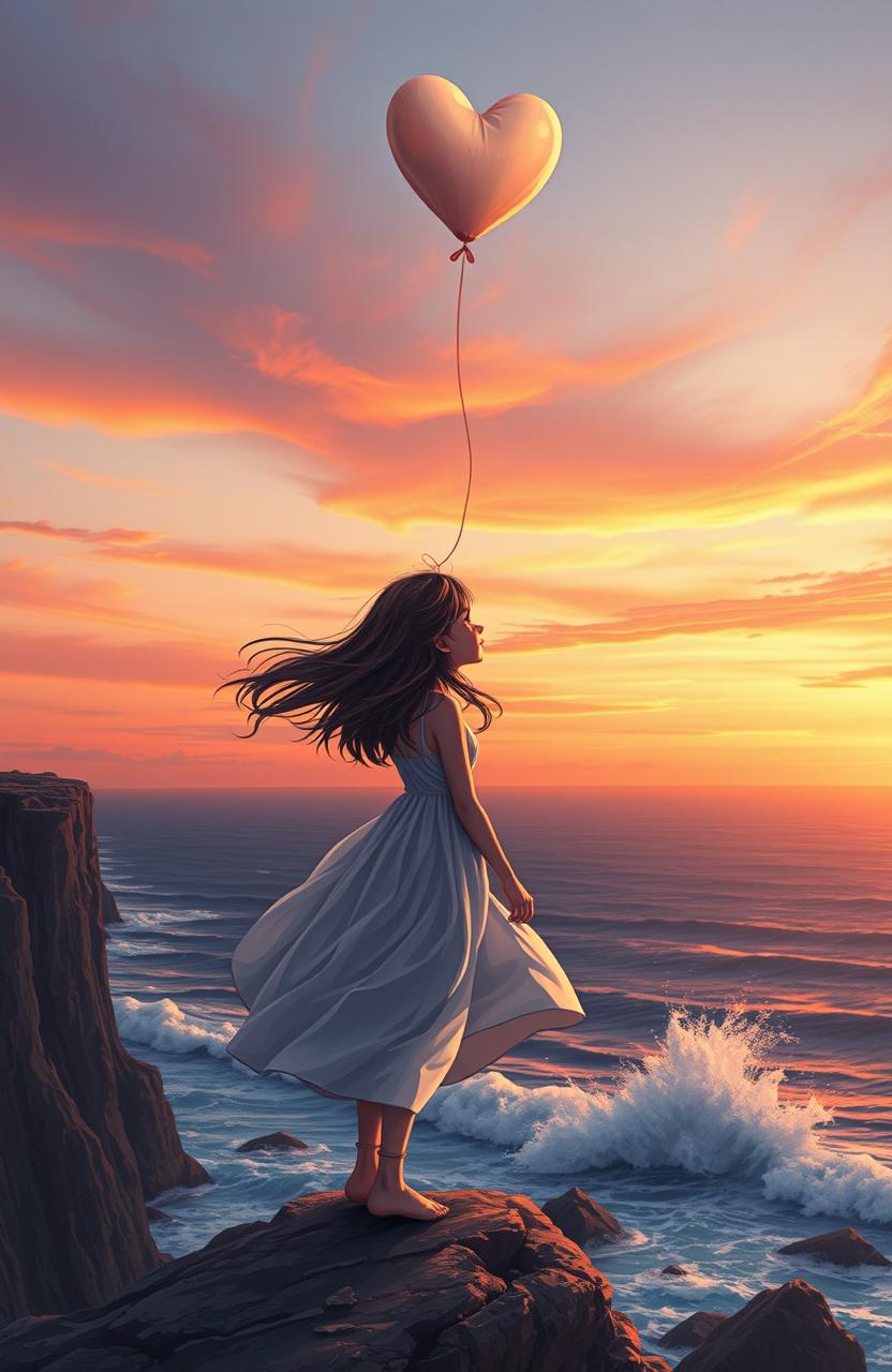 A poignant scene depicting a girl standing on a cliff's edge, overlooking a vast ocean at sunset, with tears in her eyes as she releases a heart-shaped balloon into the sky