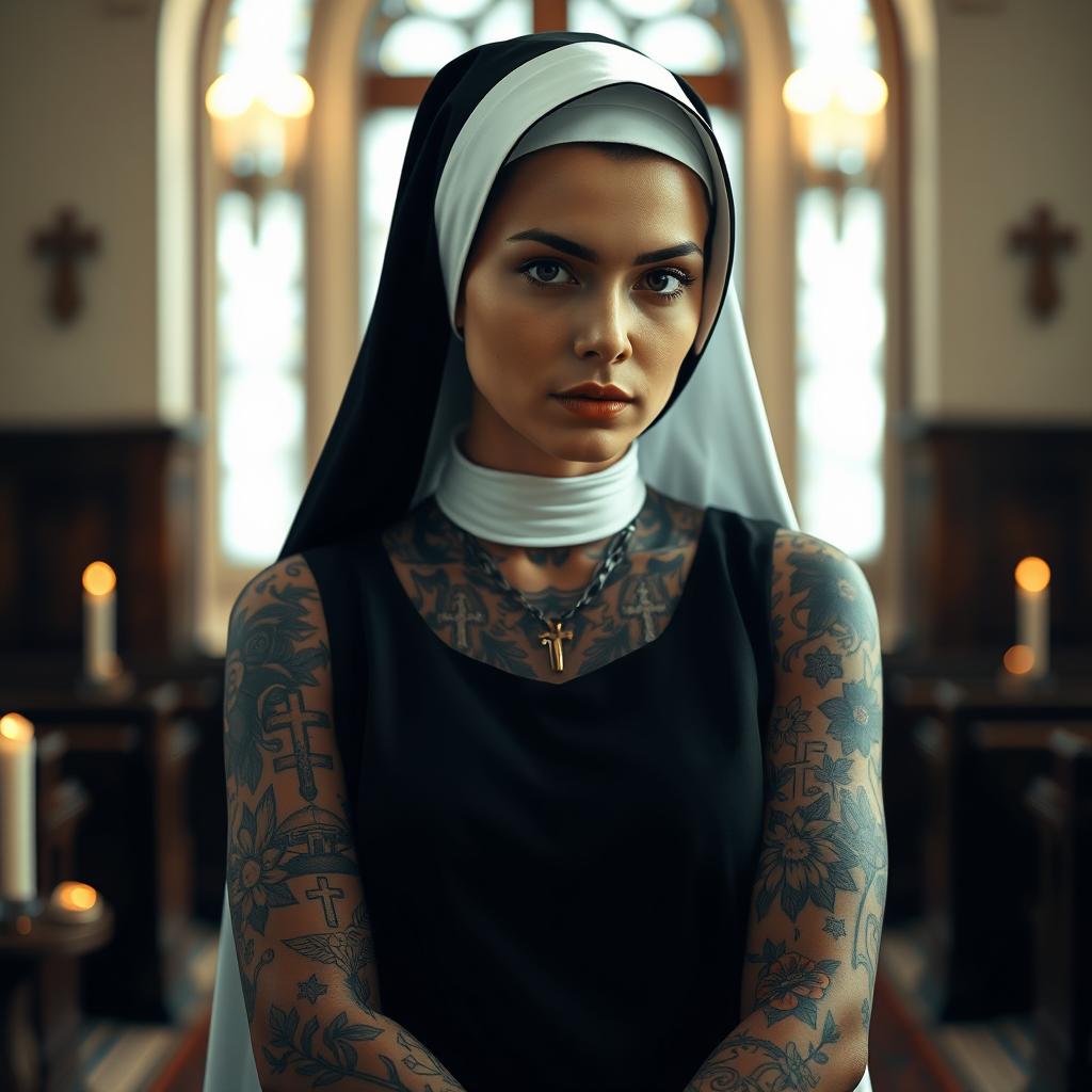 A striking image of a nun with intricate tattoos covering her arms, showcasing various designs including religious symbols and floral patterns