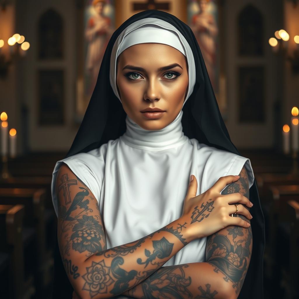 A striking image of a nun with intricate tattoos covering her arms, showcasing various designs including religious symbols and floral patterns