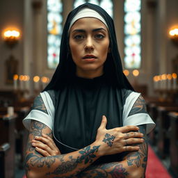 A striking image of a nun with intricate tattoos covering her arms, showcasing various designs including religious symbols and floral patterns