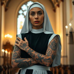 A striking image of a nun with intricate tattoos covering her arms, showcasing various designs including religious symbols and floral patterns