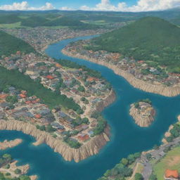 A detailed, vibrant aerial view of Konoha village from Naruto during daytime, showcasing unique Hokage rock, houses, trees, and the river.