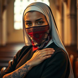 A striking image of a nun with a bold tattoo visible on her arm, wearing a colorful bandana as a mask over her face