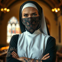 A striking image of a nun with a bold tattoo visible on her arm, wearing a colorful bandana as a mask over her face