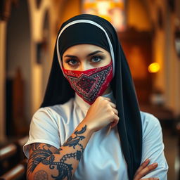 A striking image of a nun with a bold tattoo visible on her arm, wearing a colorful bandana as a mask over her face