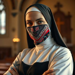 A striking image of a nun with a bold tattoo visible on her arm, wearing a colorful bandana as a mask over her face