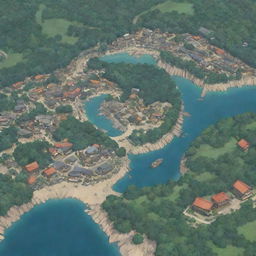 A detailed, vibrant aerial view of Konoha village from Naruto during daytime, showcasing unique Hokage rock, houses, trees, and the river.