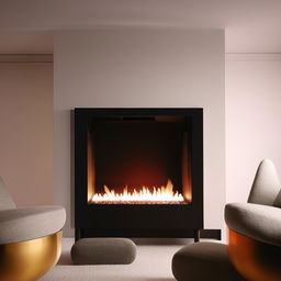 A modern, sleek fireplace adorned with small, stylish seats around it, with a warm, inviting glow illuminating the area.