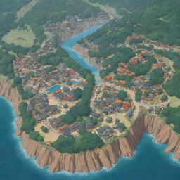 A detailed, vibrant aerial view of Konoha village from Naruto during daytime, showcasing unique Hokage rock, houses, trees, and the river.