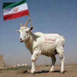 A sturdy goat proudly carrying an Iranian flag on its back, with the words 'GOATIRAN' displayed boldly underneath. The scene suggests strength and unity.