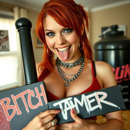 A close-up shot of a sexy female redhead with a large chest and noticeable cleavage, wearing a tank top adorned with punk chains