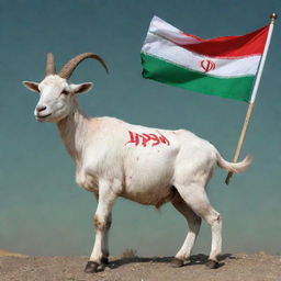 A sturdy goat proudly carrying an Iranian flag on its back, with the words 'GOATIRAN' displayed boldly underneath. The scene suggests strength and unity.